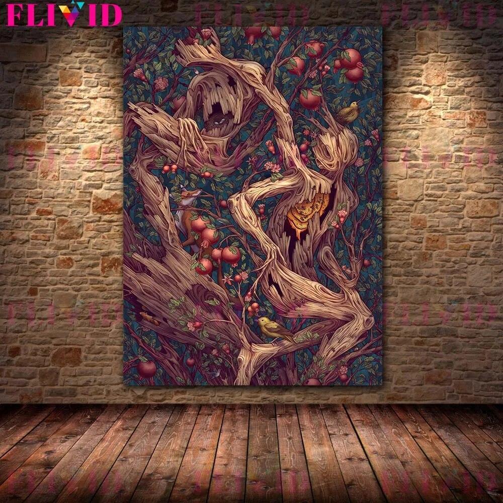 Skeletons,Flowers & Mysterious Animals Vintage Wall Art Canvas Painting Bat Opossum,Astrology Moon Stars Planets Poster Print No Frame