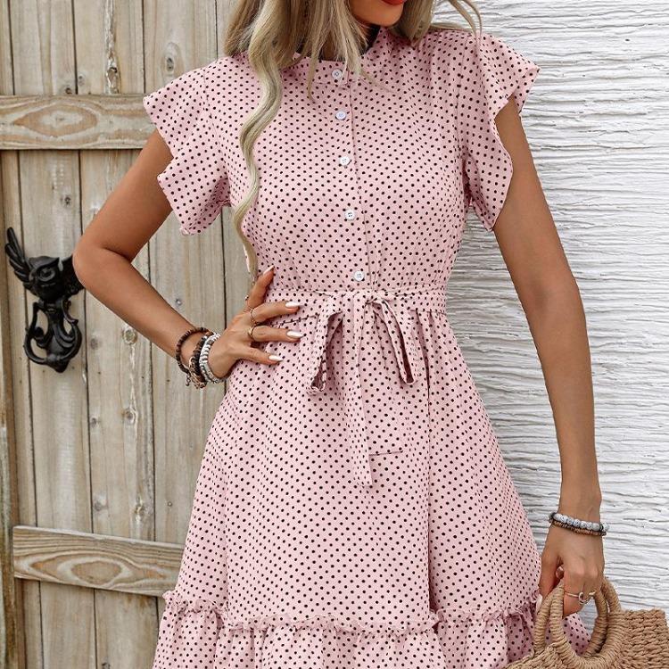 Women Summer Dress High Waist A-Line Lace Up O-Neck Dot Print Short Sleeve Lotus Leaf Midi Dress Sizes S-XL
