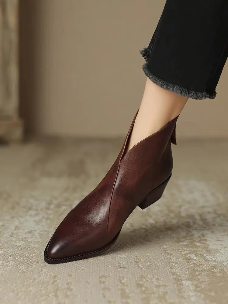 Fashion Pointed Brown Retro Ankle Boots Women's Autumn Winter British Style V-neck Short Boots Woman's Medium Heel Leather Shoes Zapatos