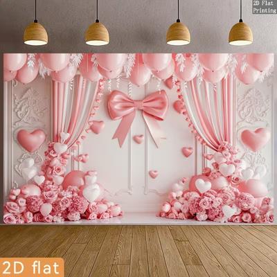 2D Printing Pink Bow Curtain Backdrop, Wedding Valentine's Day Party Background