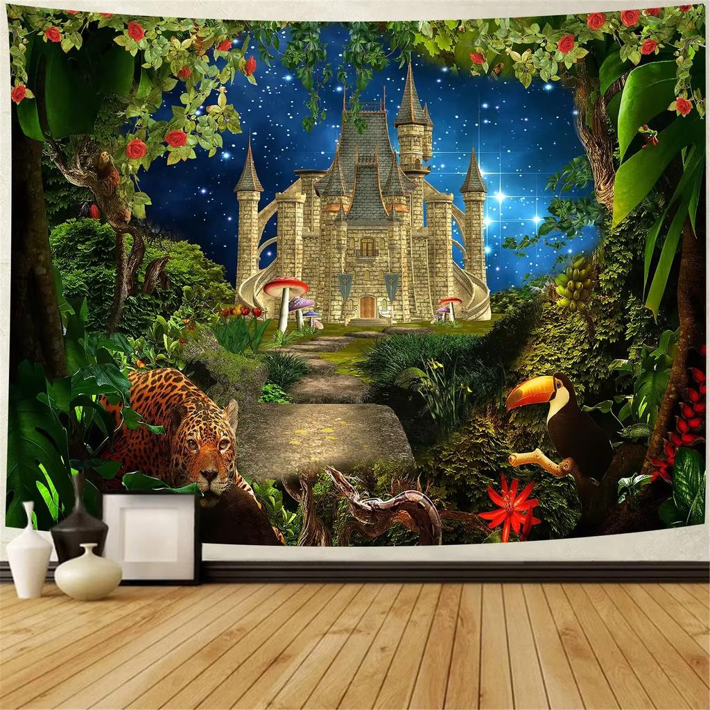 Fairy Tale Fantasy World Castle Tapestry Cartoon Forest Tapestry Magic Tapestry Girls Bedroom Living Room Dorm Party Wall Decor