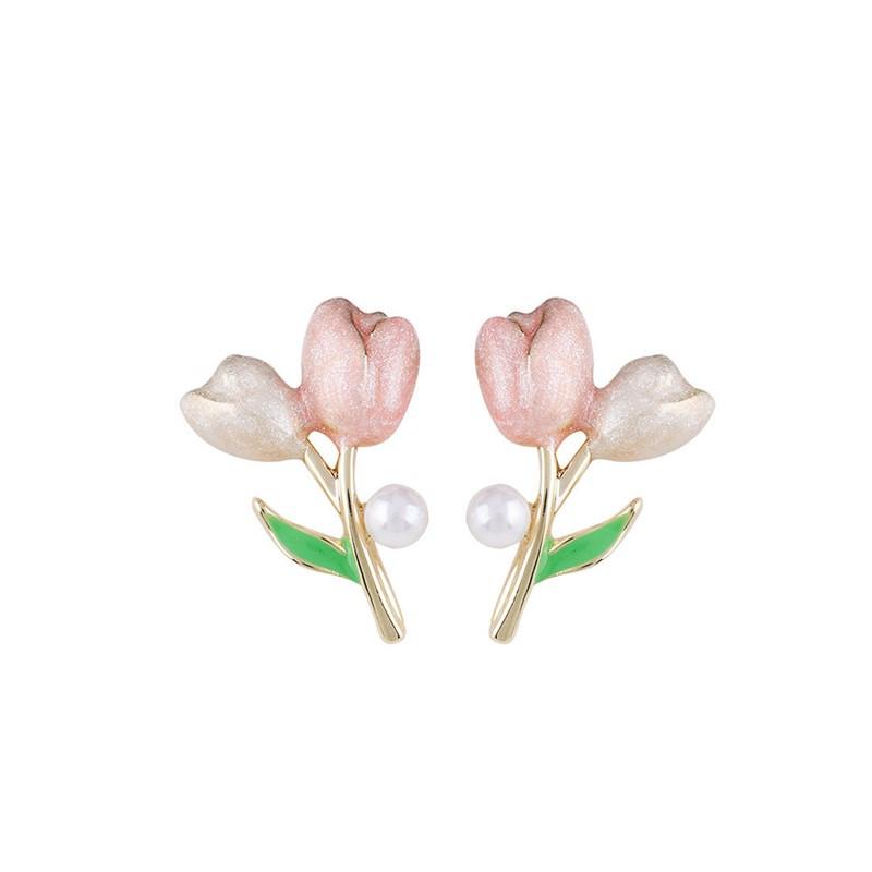Sweet Pink Color Tulip Flower Stud Earrings for Women Korean Heart Peach Fruit Crystal Earring Jewelry