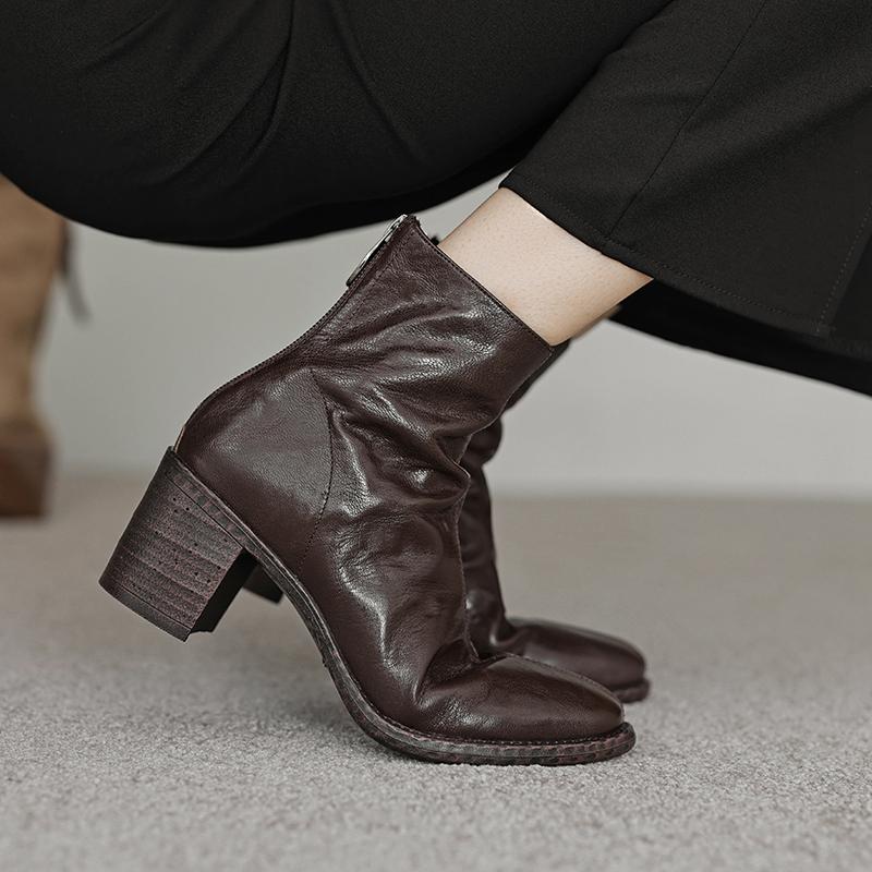 Krazing Pot Îmbrăcăminte de bază Piele de oaie Toamnă Iarnă Pantofi Tocuri groase Cizme Chelsea Vârf rotund Păstrează cald Botine cu fermoar