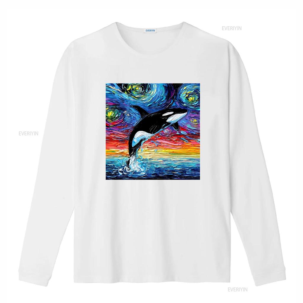 Vibrant Orca Killer Whale Starry Night Ocean Art T Shirt Vintage Washed Streetwear Stretched Casual Versatile