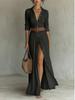 European and American style V-neck thin shirt skirt holiday style long split dress belt design sense
