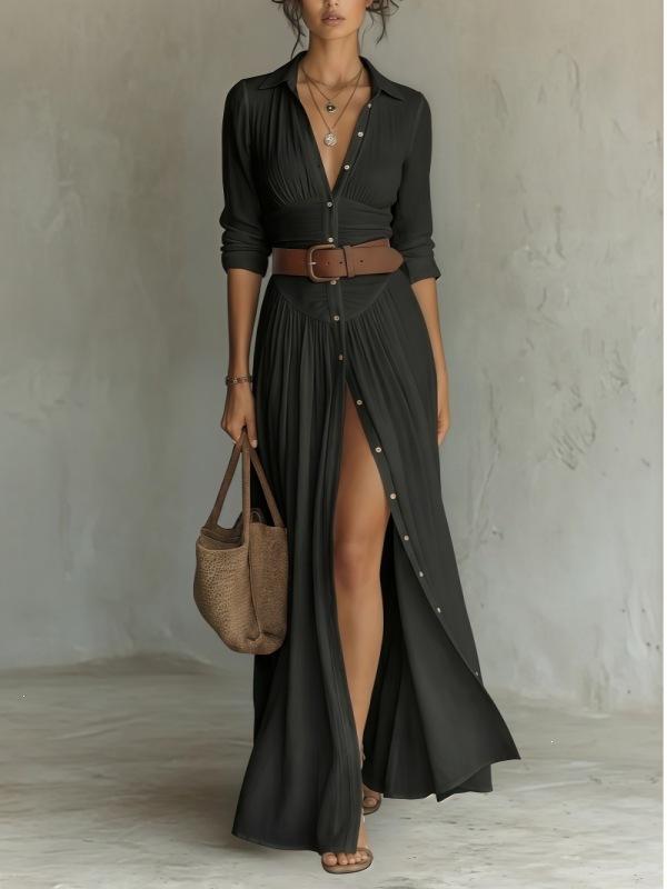 European and American style V-neck thin shirt skirt holiday style long split dress belt design sense