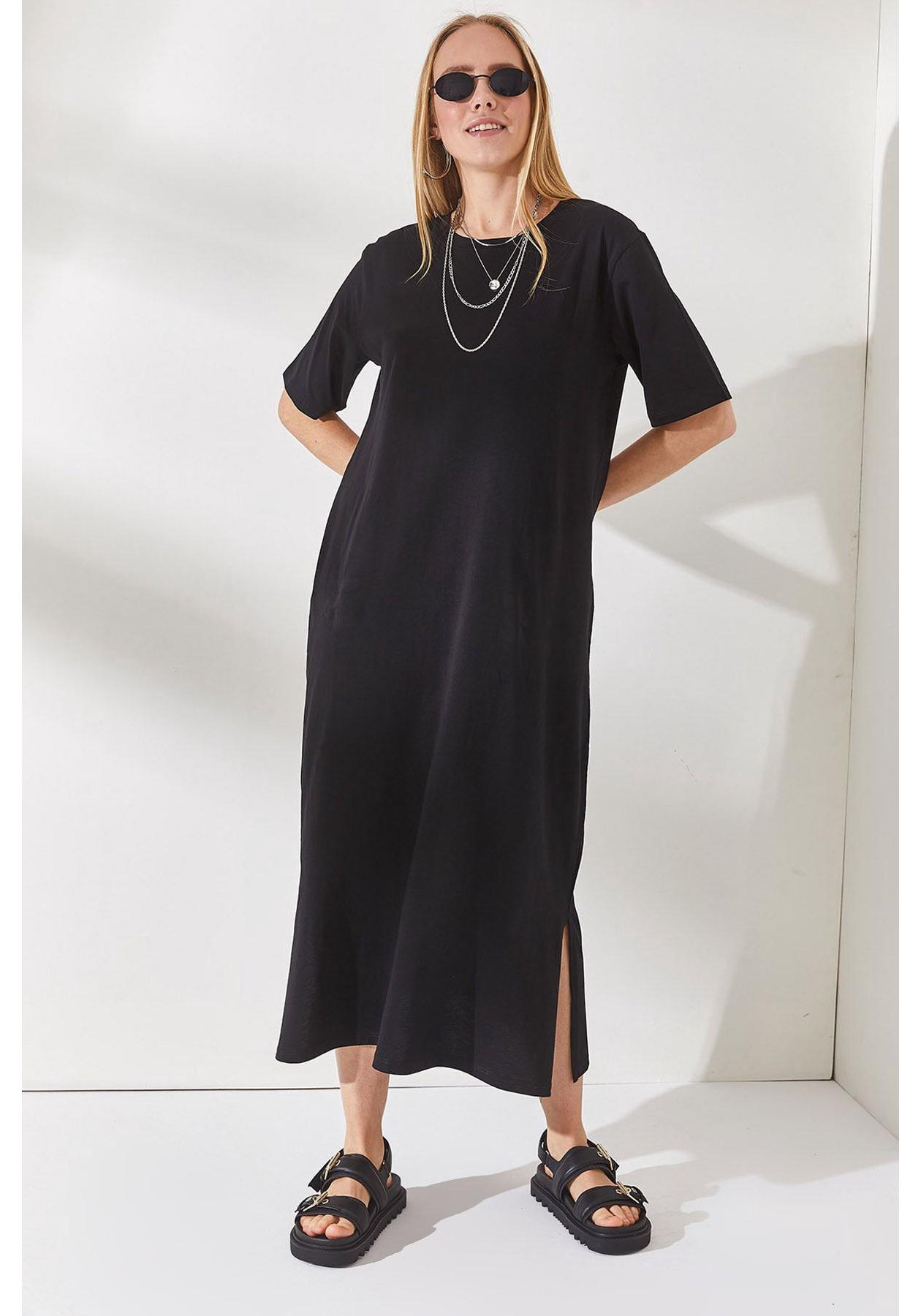 

2025 Women s Solid Color Slimming Side-Slit Dress Large чорний