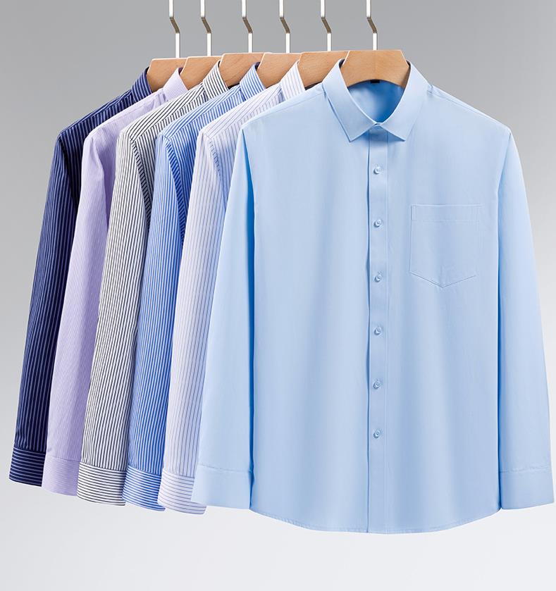 Men Formal Shirt Long Sleeve Office Solid Color Striped Anti-Wrinkle Fashion Business Pocket White Social Shirt Men's Clothing