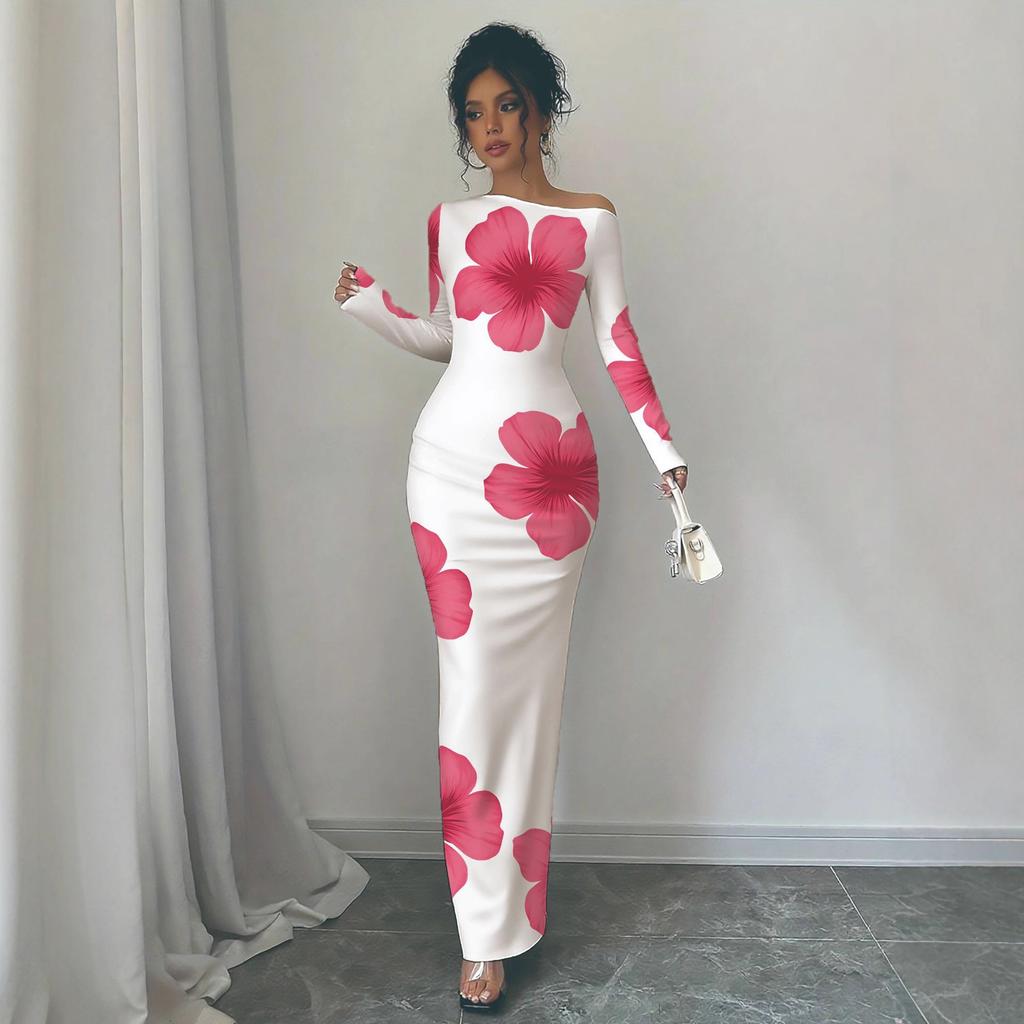 Dámské sexy šaty bez ramínek s dlouhým rukávem, slim střihu, s potiskem