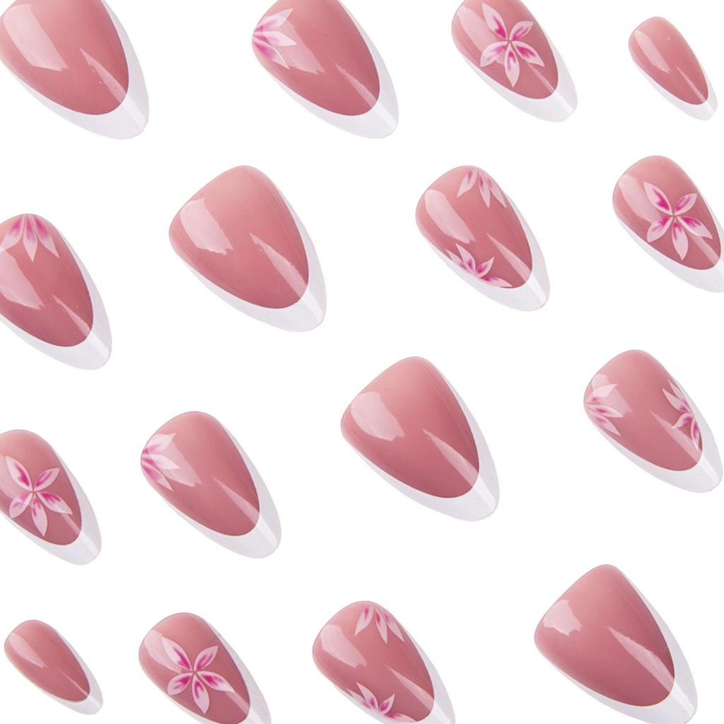 24-Piece Set: French White Floral Almond Press-On Nails with Detachable Tips