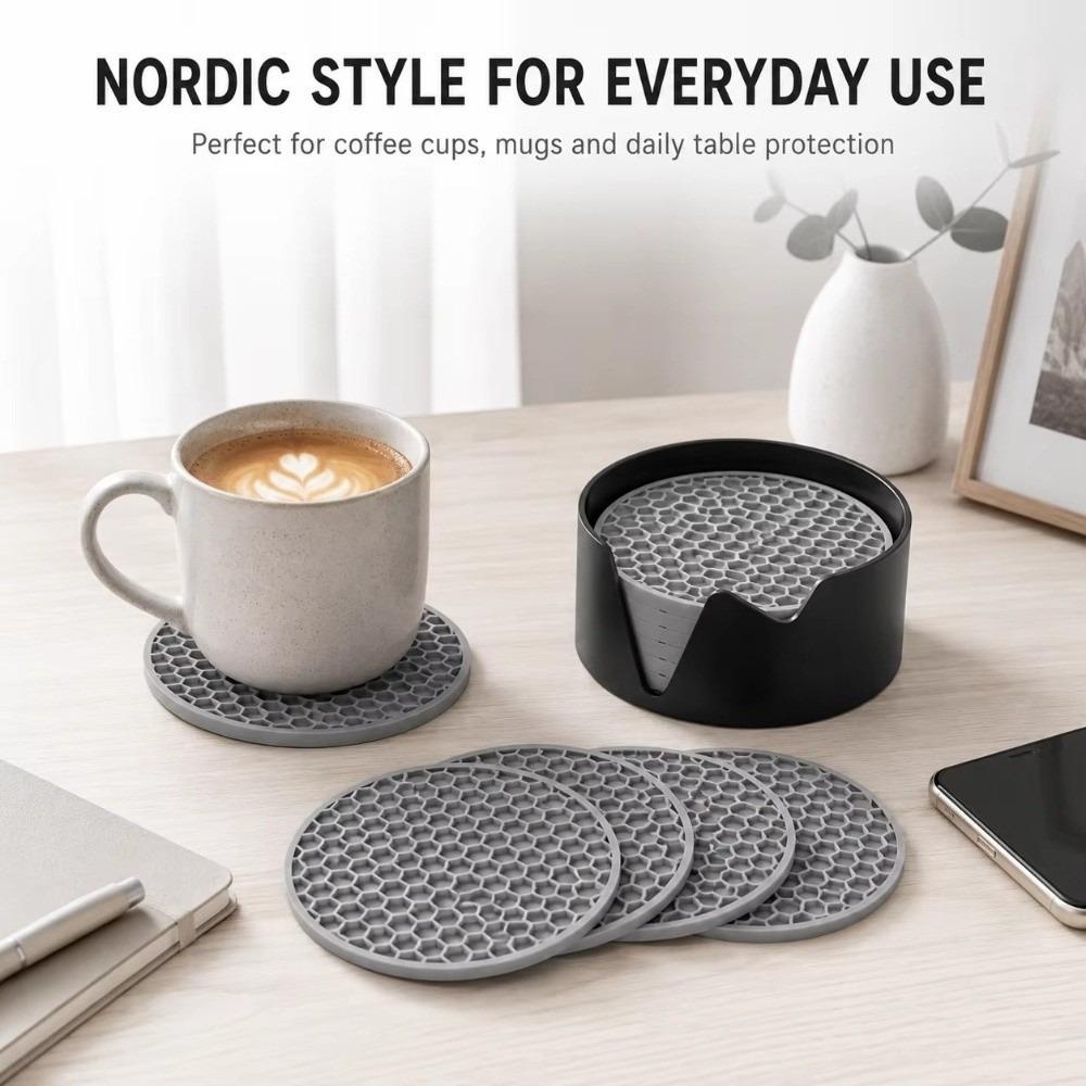 8 Pcs Desktop Decor Silicone Coasters With Holder Heat Resistant Pad Drink Cup Mat Coffee Table