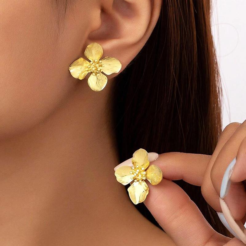 Gold Color Metal Flower Earrings for Women Wedding Party Exquisite  Accessories Simple Stylish Anniversary Jewelry Gift