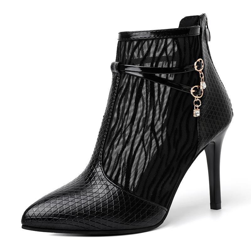 Vysoký podpatek 9,5 cm Velká velikost Boty na vysokém podpatku Krátké boty Nové Štíhlý podpatek Špičatá špička a Holé boty Černé Cool boty se zipem vzadu