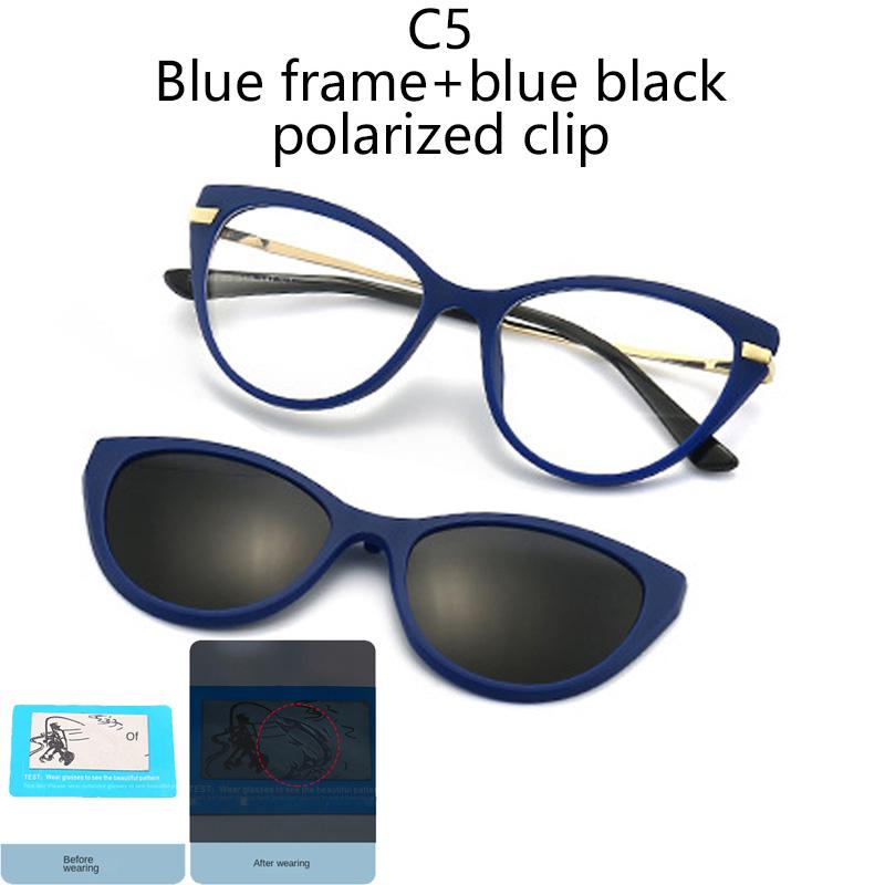 

Sunglasses Metal Legs Frame Cat-Eye Design Magnetic Attachment Large Frame Slimming Effect 2 IN 1 Polarized Glasses Clip-on 2 IN 1