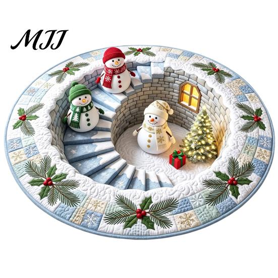 Festive Round Rug for Christmas 3D Rug, Vortex Optical Illusion Area Santa Snowman Staircase Durable Entrance Winter Depth Pattern, Non-slip Floor Mat
