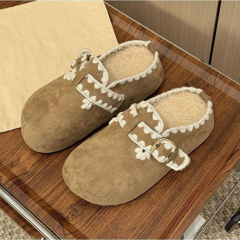 Thick-soled heightening fleece slippers for women's outer wear winter new Baotou retro casual lace Birkencotton slippers