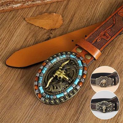 Vintage Design PU Leather Belt Men Punk-Embossed Westerns Denim Belt With Buckle Adjustables Soft Belt 110/115//120/125cm