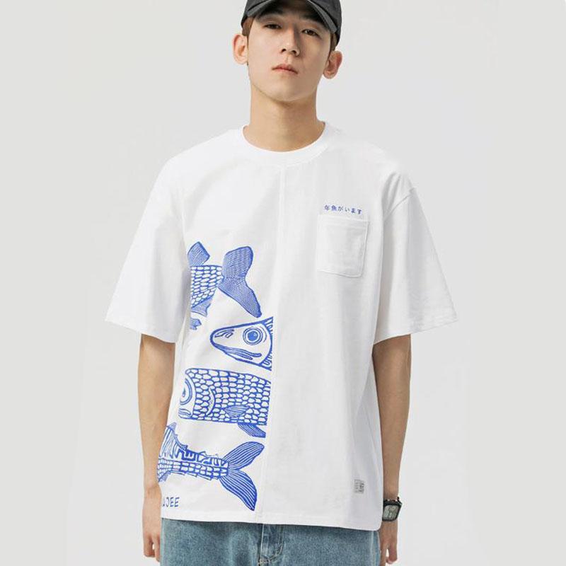 Japanese Cotton T-shirts Mackerel Print Patchwork Tees Summer Oversized O-neck Short Sleeve Casual Shirts Men Clothing