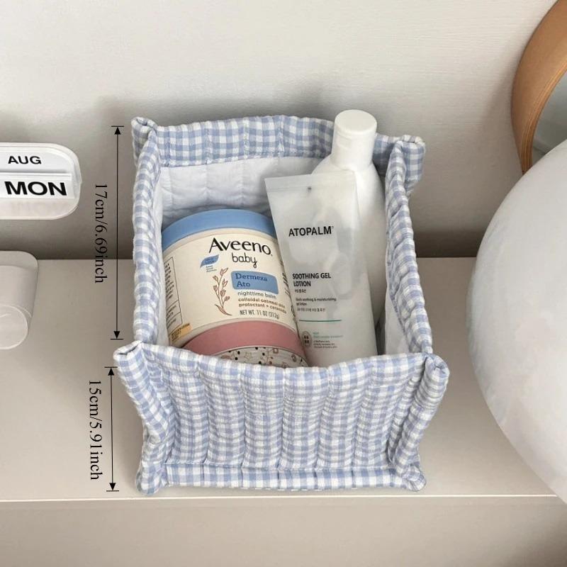 1Pcs Ins Korean Style Quilted Checkered Fabric Storage Basket Cosmetics Suntries Storage Box Home Simple Desktop Organizing Basket