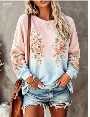 Women Long Sleeve T‑Shirt Vintage Tie‑Dye Rose Bouquet Floral Print Crew Neck Loose Casual Daily Tops