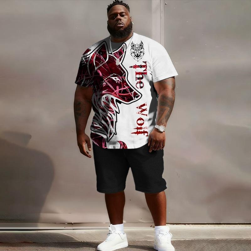 S-6XL Große Größen Herren Oversized Fit, Wolf, Mond & Flamme 3D-Druck T-Shirt & Shorts Set, Lässiges Streetwear Outfit