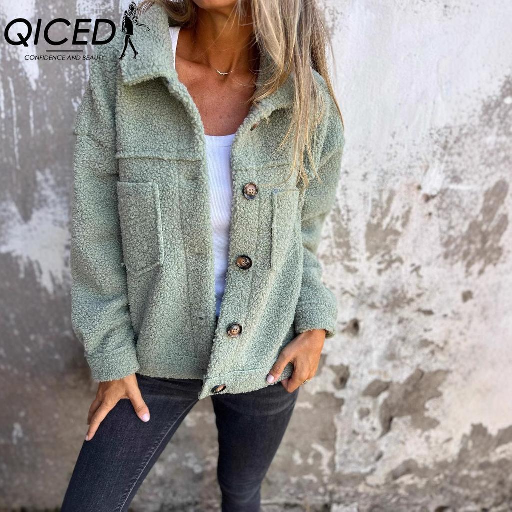 QICED Women's Vintage Casual Lattice Print Autumn Winter Long Sleeve POLO Neck Jackets & Coats