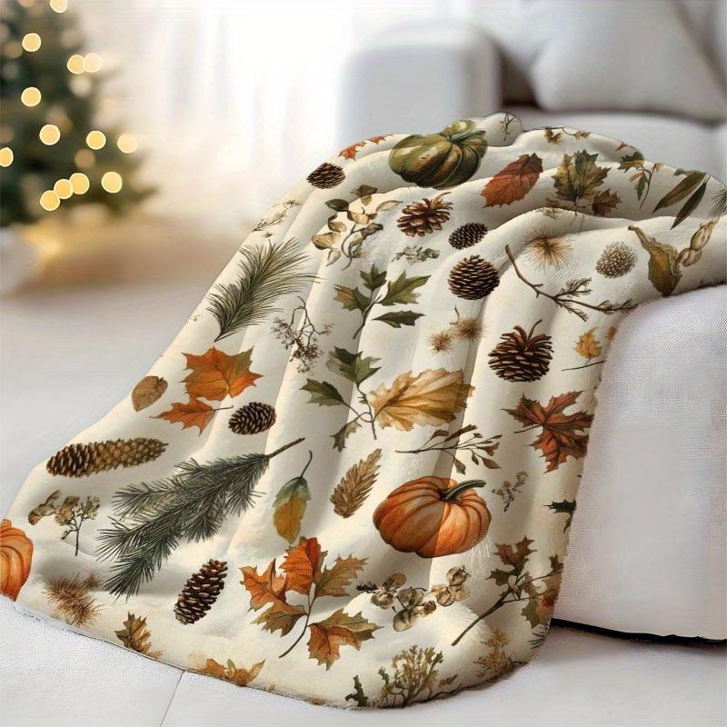 1pc Cozy Flannel Throw Blanket with Autumn Leaves & Pumpkin Design - Soft Warm and Perfect for Sofa Naps