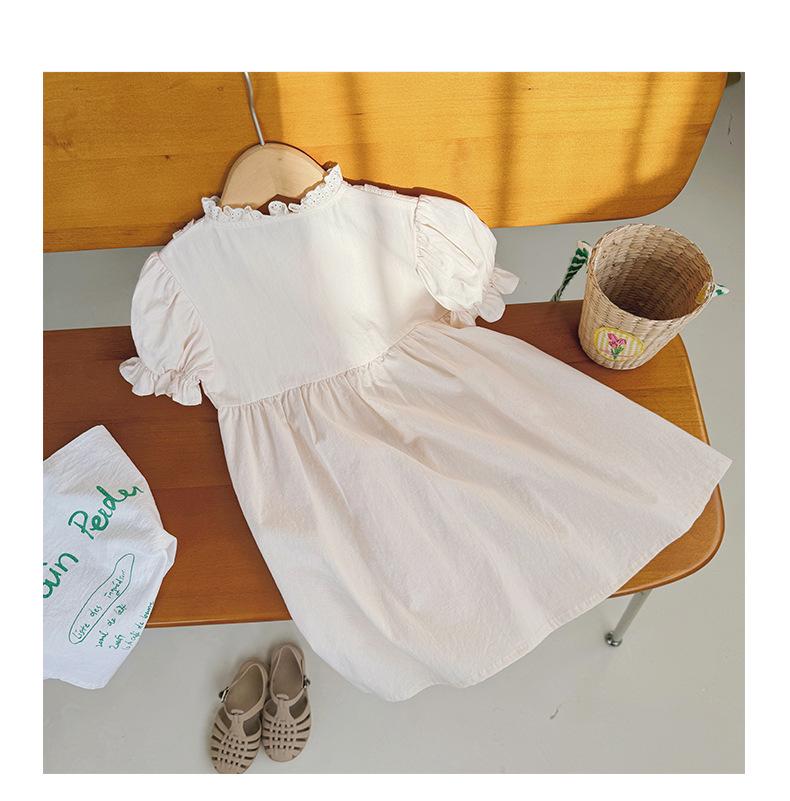 Korean Floral Embroidery Stand Collar Girls' Dress - Summer 2026 Cute Short Sleeve Skirt