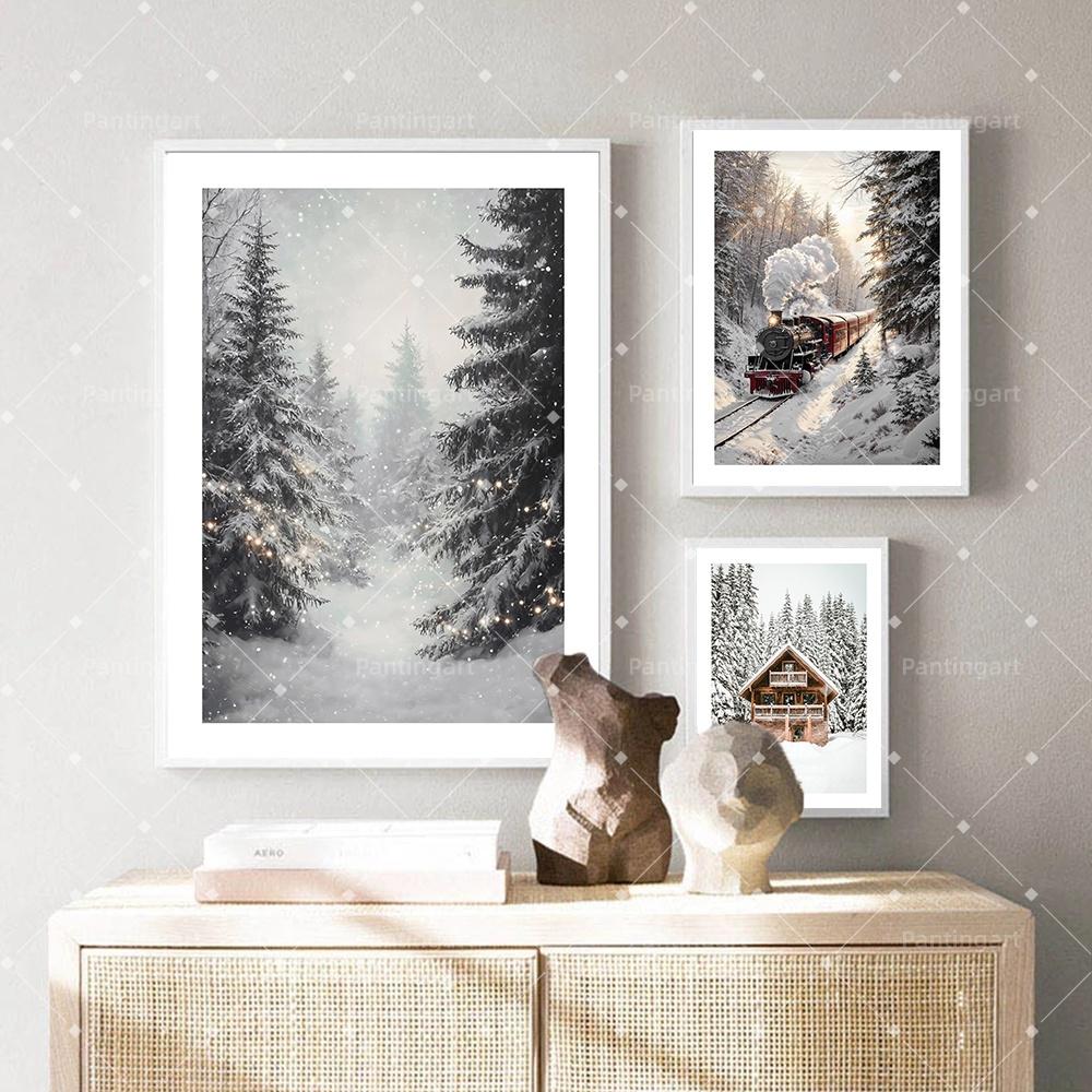 Peinture sur toile Forêt enneigée d'hiver nordique Locomotive à vapeur vintage Élan Renard roux Cabane Paysage Affiche d'art Décor de salon