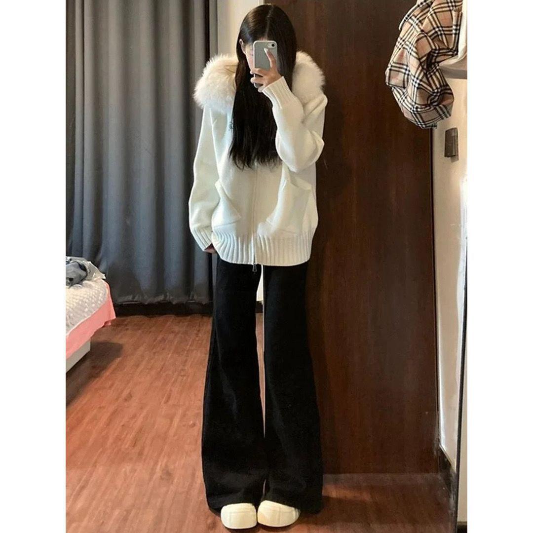 

2025 Winter Women s Black Fluffy Micro-Flare Jeans, Slimming Spicy Girl Bell Bottom Floor-Length Pants Small