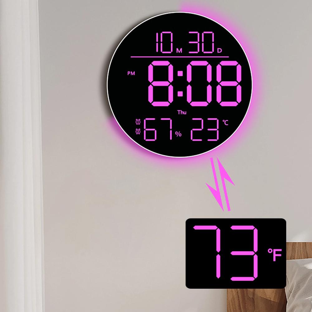 Colorful RGB Wall Clock With Remote Control Displays Date, Day, Temperature, And Humidity For Home Decor