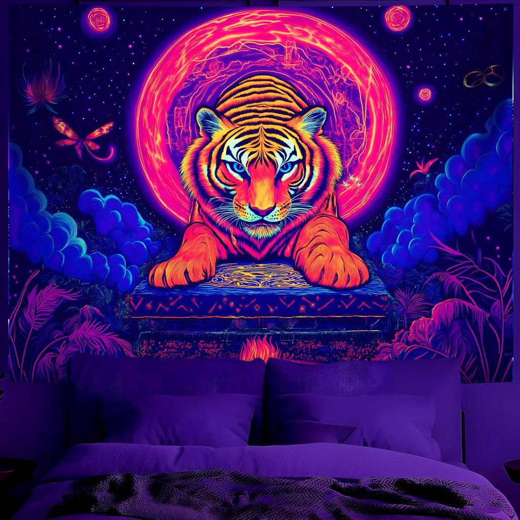 BVBOX Blacklight Animal Wolf Tapestry Iridescent Mountain Top Wolf Tapestry Glow In The Dark, UV Reactive Black Light U