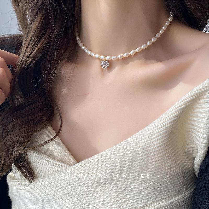 Romantic Love Heart Shiny Cubic Zirconia Natural Freshwater Pearl 14K Gold Filled Female Pendant Necklace Chains Gifts