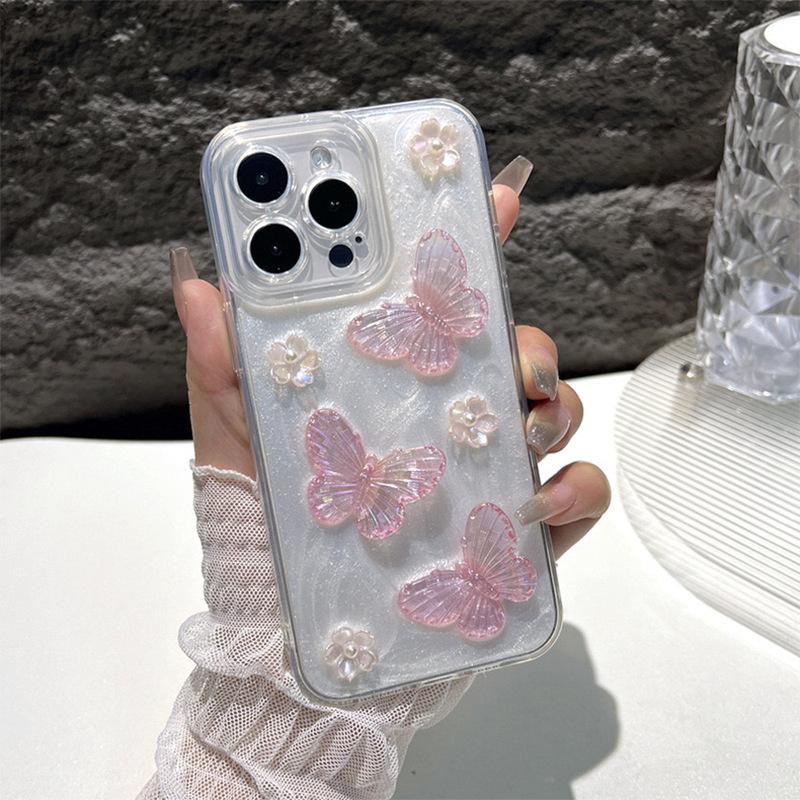 Glitter Epoxy Mobile Phone Case Is Suitable For Apple 17Promax Flower Iphone16 Butterfly Small Fresh Fine Hole