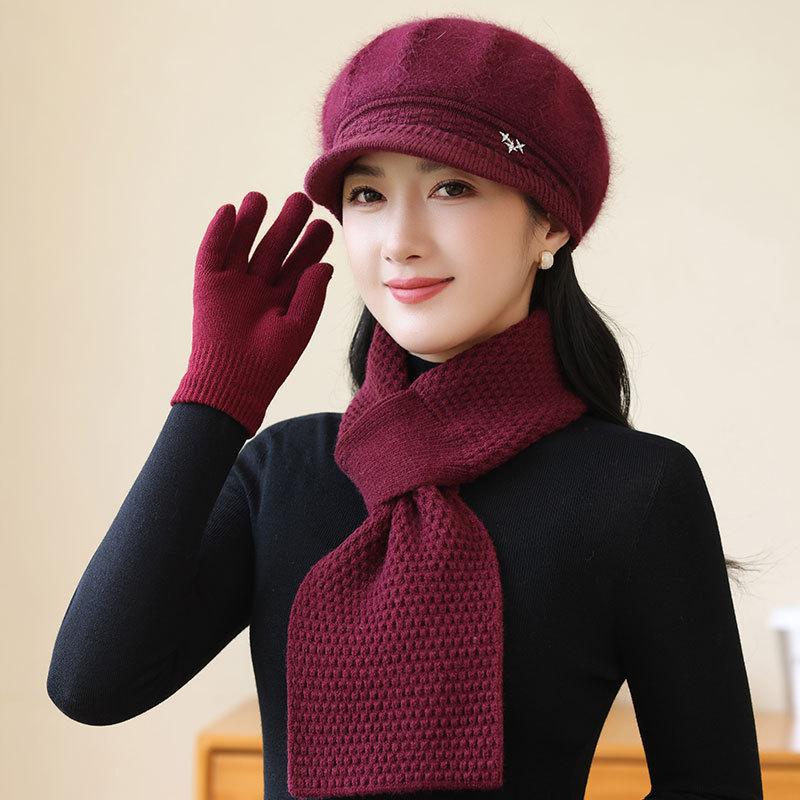 Old Lady Rabbit Fur Warm Knitted Hat Female Mother Plus Fleece Basin Hat Grandma Wind and Cold Scarf Glove Hat