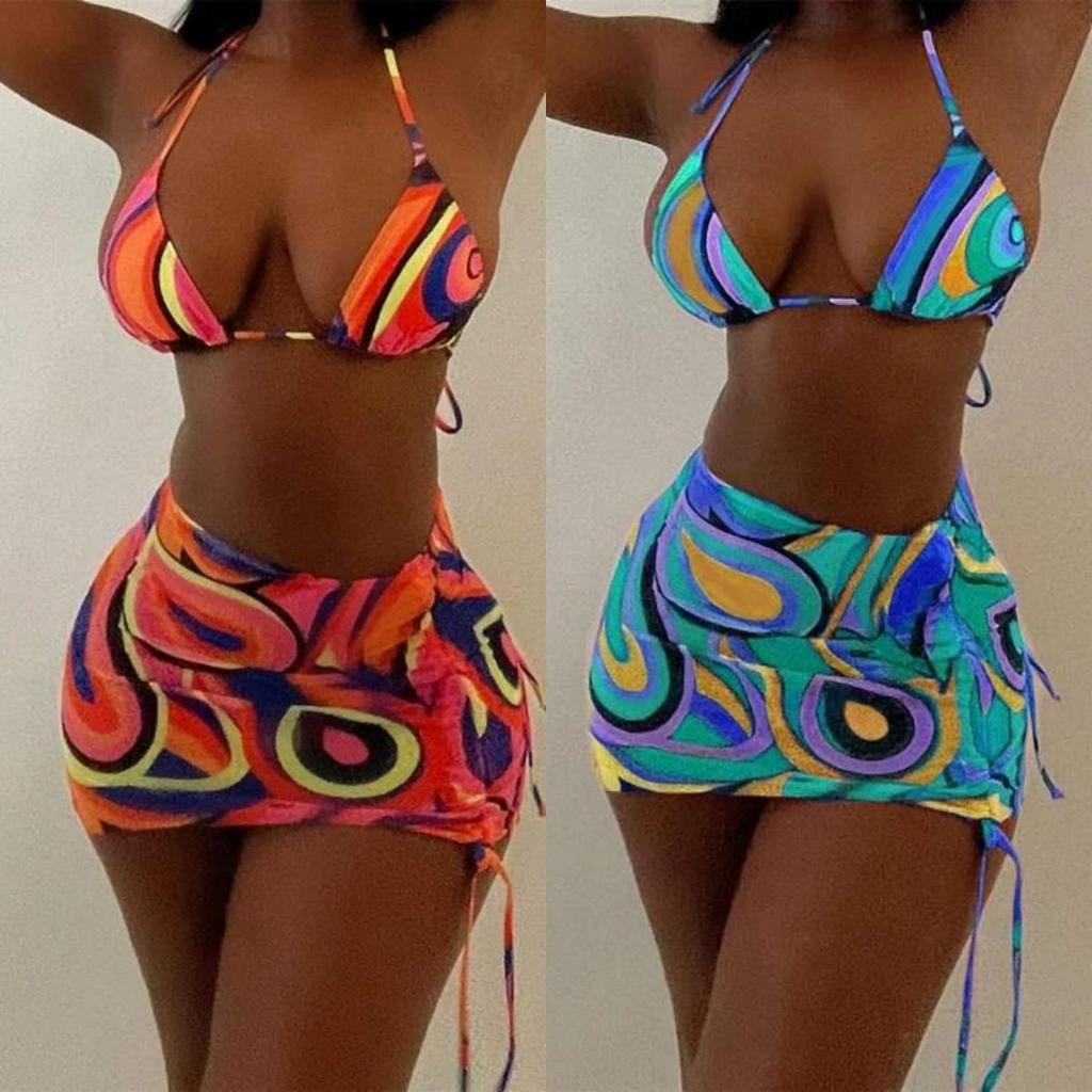 2023 Women's European and American Printed Three-Piece Lace-Up Bikini Swimsuit