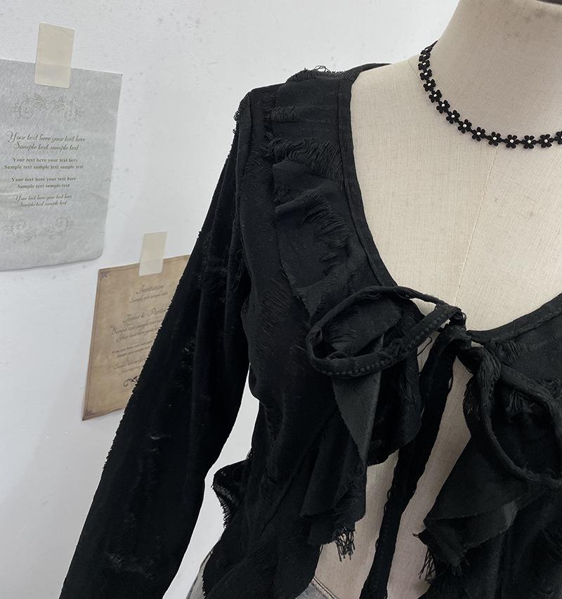 Post-Apocalyptic Style Ruffled Tie-Up Ripped Cardigan, Long-Sleeve Outer Layer