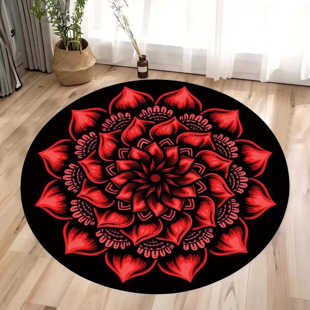 Mandala Round Rug Geometric Floor Carpet Art Deco Circle Mat Traditional Anti Slip Mat Black Area Rugs for Living Room