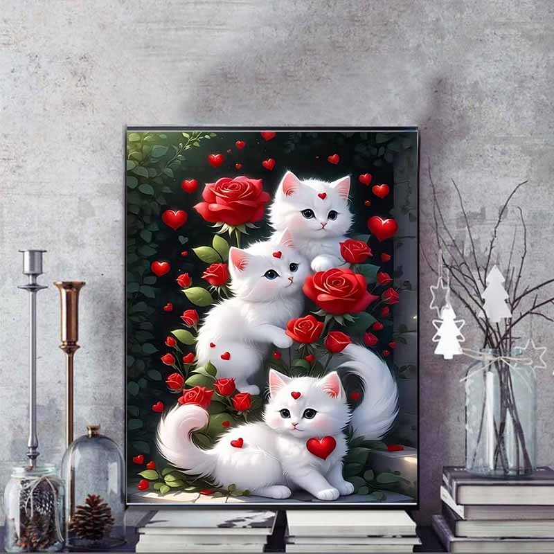 White Cat and Flowers Diamond Painting Set, 5D DIY Full Diamond Gemstone Cross-stitch Painting, Decorative Wall Mural Ornaments