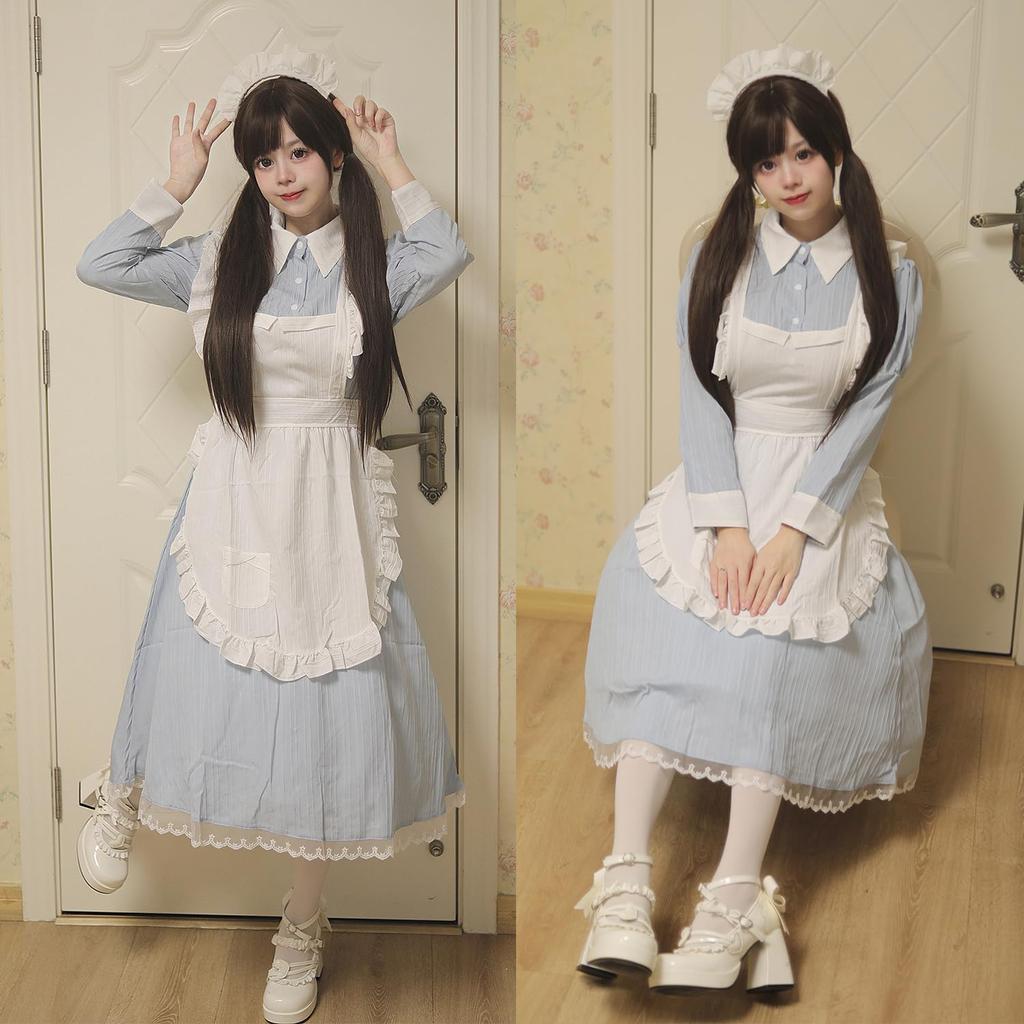 AOTYP Cosplay Halloween Dienstmädchen Kostüm 3 Süßes Lolita Vergnügen Große Größe 3XL Set, Farben, Kleid, Uniform, Moe, Damenkleid, Café, Park, Ärmel, Blau,