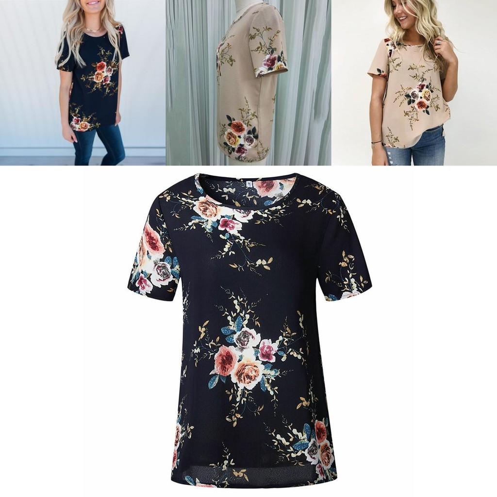 Elegant Summer Women Blouse Floral Print Short Sleeve Loose Casual T-shirt Tops