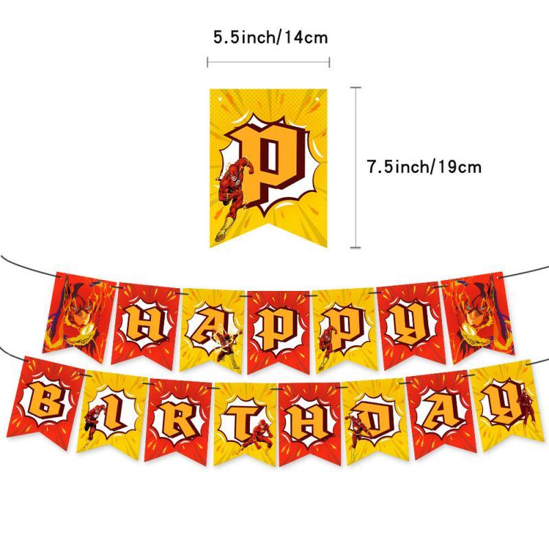 Dekorationsset für eine Geburtstagsfeier mit Flash-Thema mit Banner, Kuchenaufsatz und Luftballons