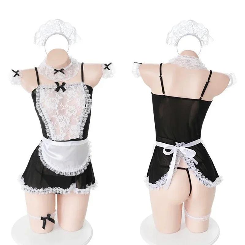 Hot Sexy Lolita Maid Uniform Outfits Women Lace Underwear Set Erotic Lingerie Costume Maid Dress Cosplay Costume