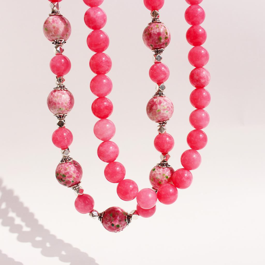 Natural Beauty Peach Powder Stone Beaded Necklace New Chinese Old Glazed Frog Skin Collarbone Chain Earrings Set 790