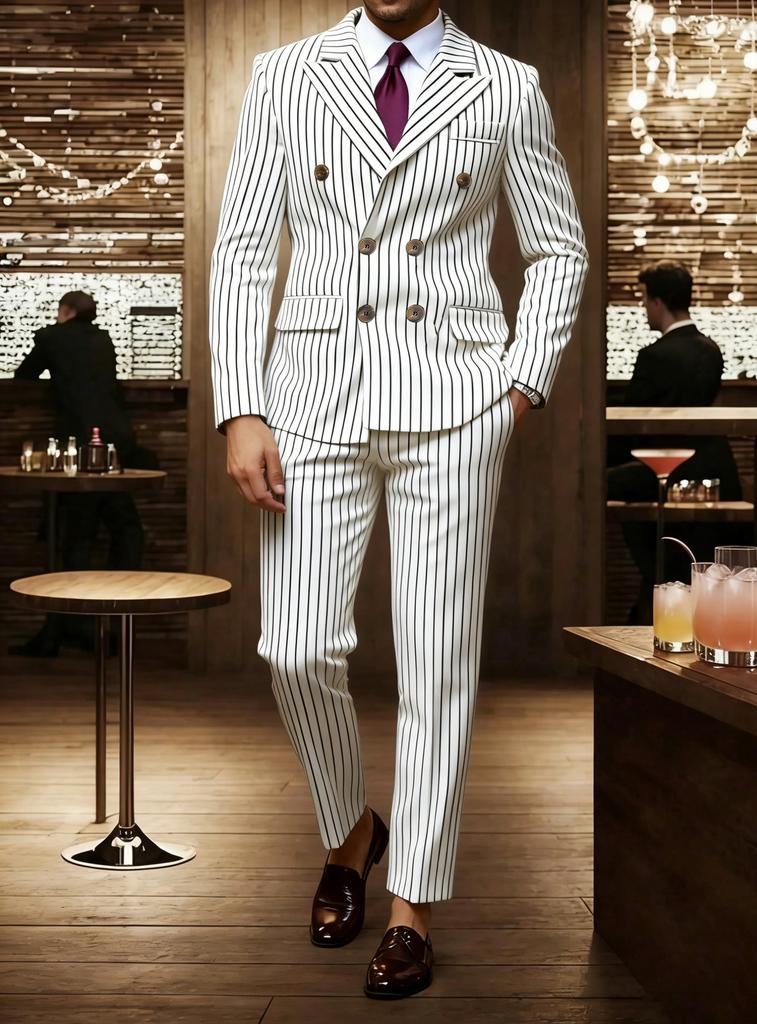 Mens Striped Formal Business Suit Set Blazer And Pants For Wedding Banquet