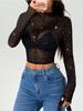 Spring and Summer Women's Small Standing Collar Long-sleeved Mesh Transparent Sequins Decorated T-shirt Tops for Women Versatile Fashion Shirt