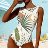 Women Plus Size High Round Neck Sleeveless Abstract Fruit Printed One Piece Swimsuit