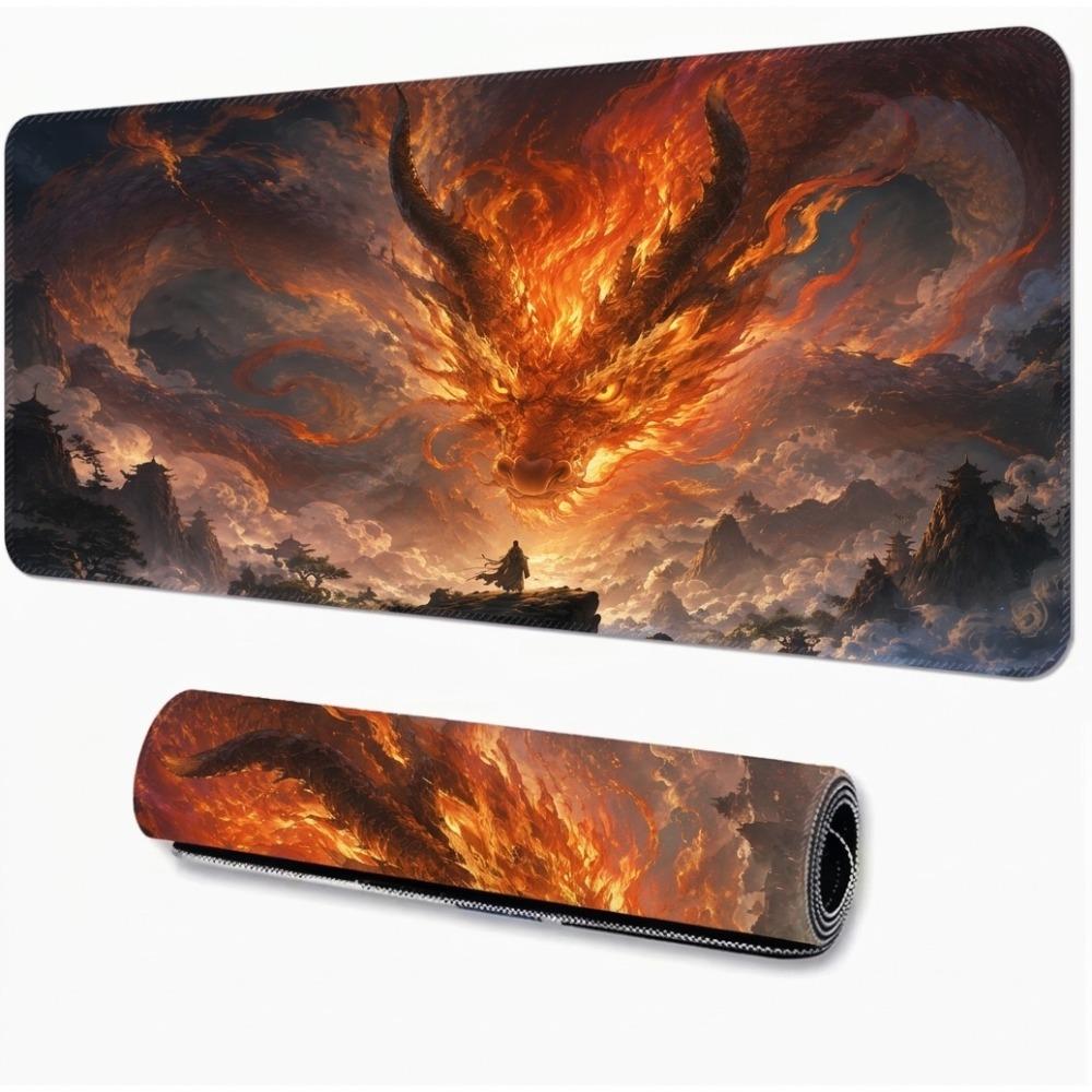 Fire Dragon Desk Mat Computer Keyboard Pad With Antislip Rubber Bottom And Cool Dreamy Artistic Edge Mouse Pad