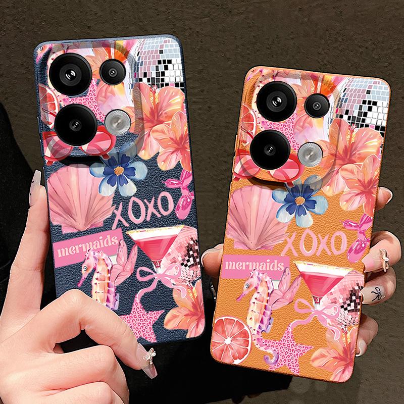 Růžový Kreslený Vzor Květinový Kryt Pro Xiaomi Redmi Note 14 13 Pro 5G 4G 12 11 Pouzdro Xiaomi 14T 13T 11T Pro Kožená Textura Silikonový Kryt