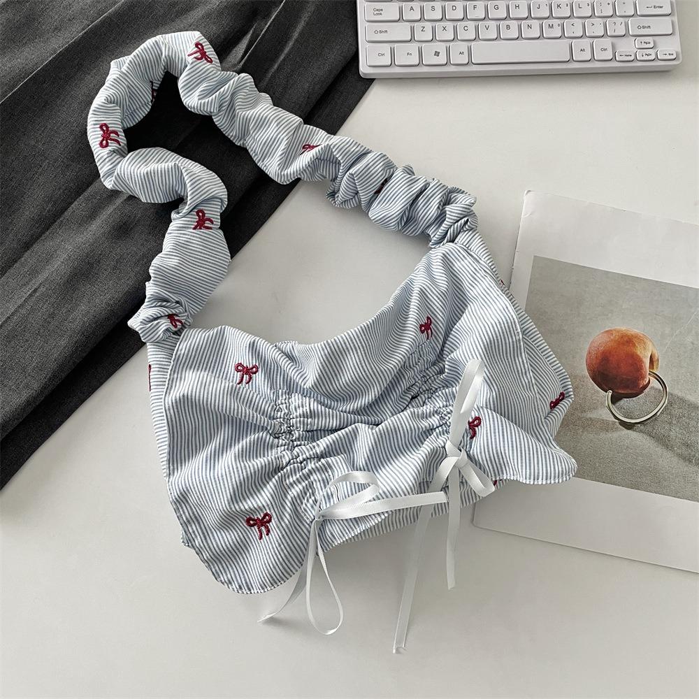 

Полосатая плиссированная сумка через плечо Сладкая свежая кружевная сумочка Повседневная сумка-тоут с бантом Девочки Style3